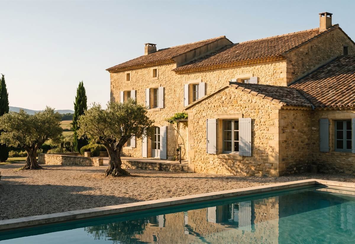 Mas en pierre avec volets clairs, oliviers et piscine dans l'arrière-pays de l'Hérault